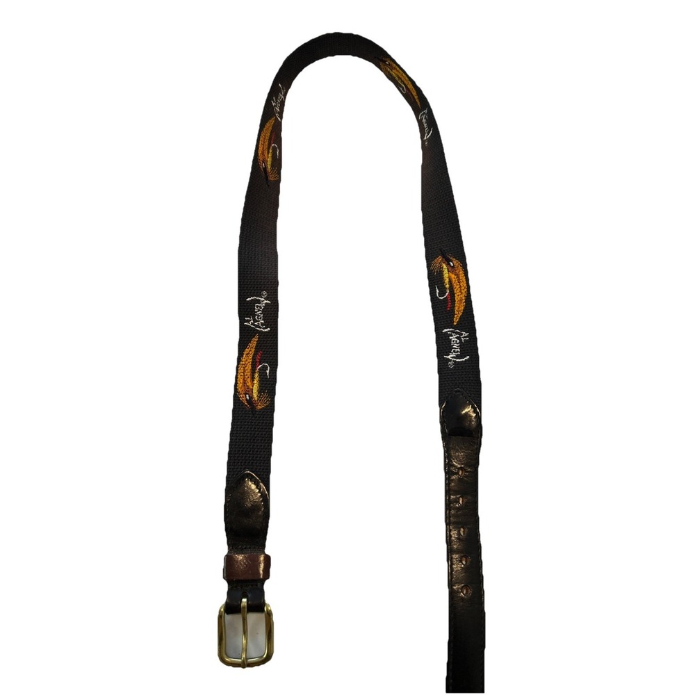 Al Agnew Mens Black Canvas Leather Fishing Fly Embroidered Belt Size 36 USA Made